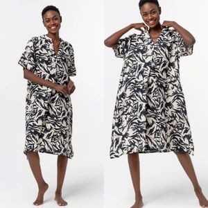Blanca Linen Flowy Oversized Midi Printed Dress Off White Black One Size